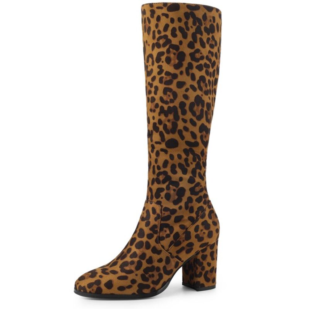 Round Toe Chunky Heels Leopard Knee High Boots for Women
